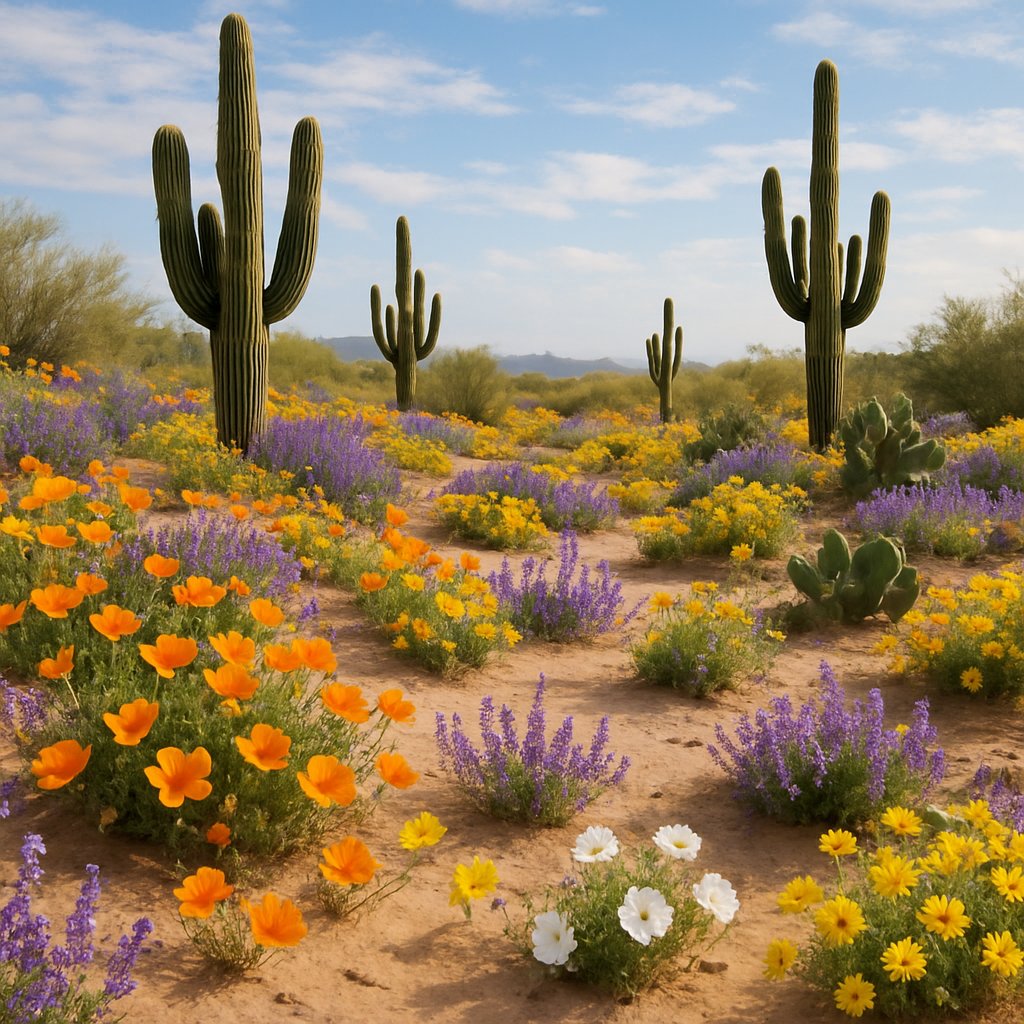 desert wildflowers blooming across sandy terrain with cactus