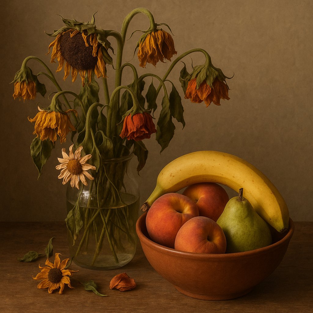 fresh flowers wilting next to ripening fruit bowl
