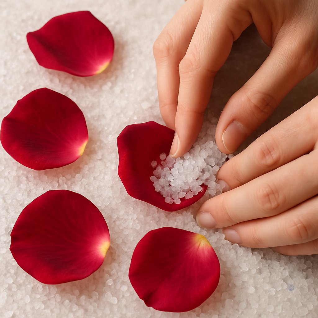 rose petals being carefully buried in silica gel crystals