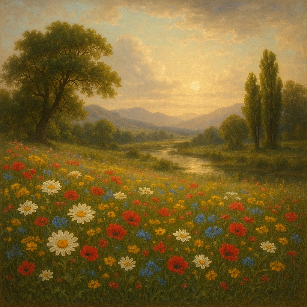 Romantisches Landschaftsgemälde mit blühenden Wiesenblumen im Vordergrund