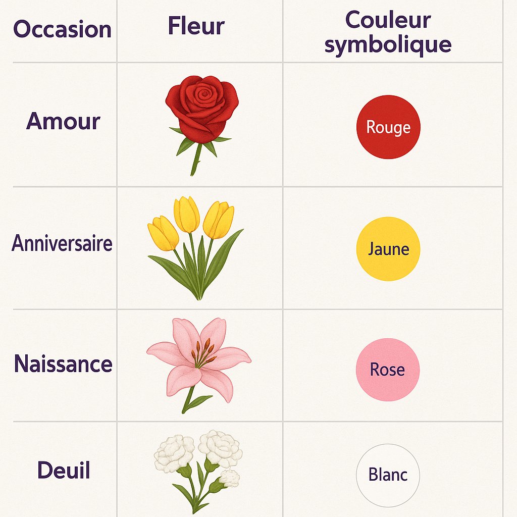 tableau comparatif de fleurs selon les occasions avec couleurs symboliques