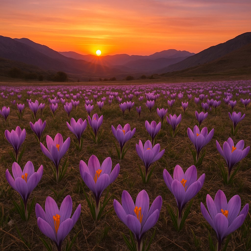 campo di crocus viola in Abruzzo al tramonto