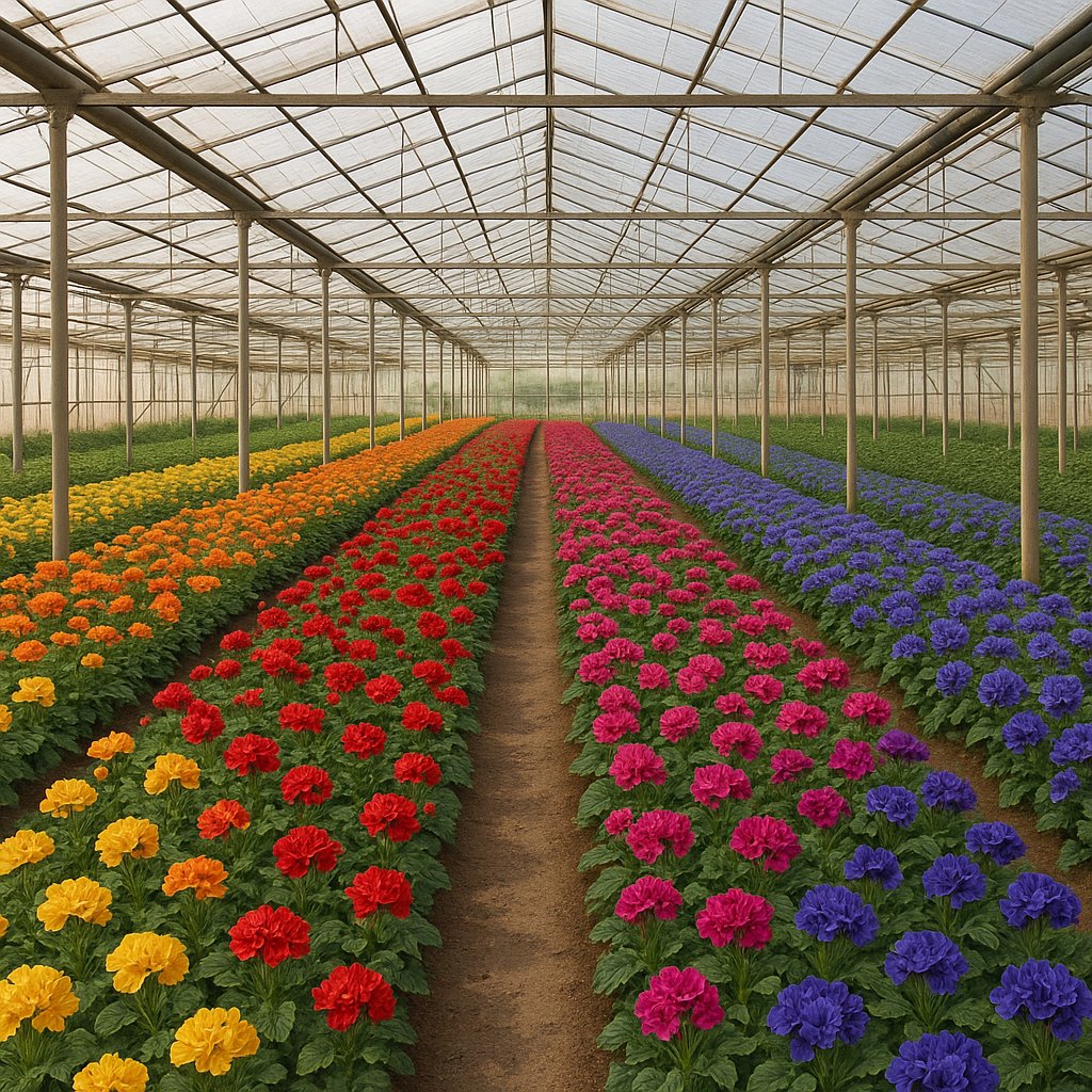 interior de invernadero almeriense con filas de flores multicolores