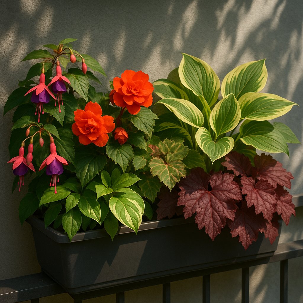 Balkonkasten im Halbschatten mit Fuchsien, Begonien, Funkien und Heuchera
