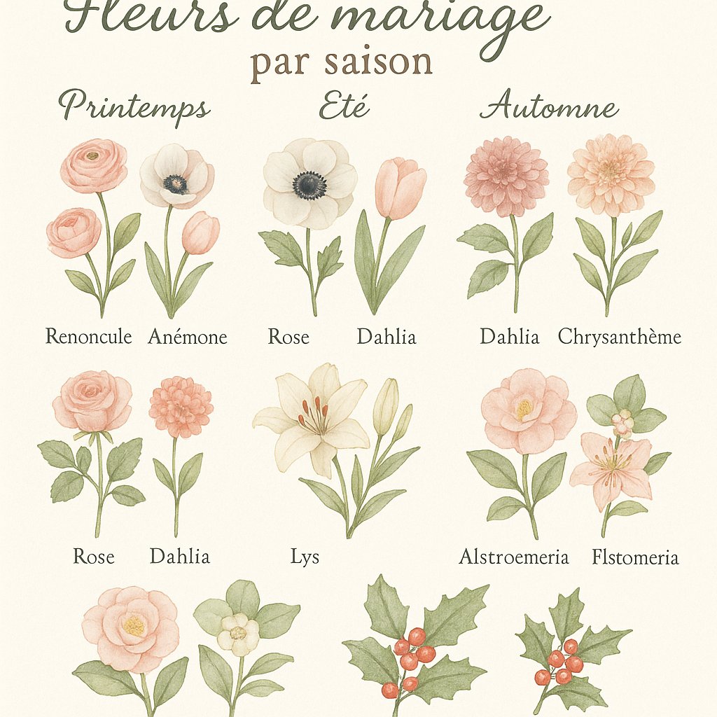 calendrier illustré des fleurs de mariage par saison, aquarelle