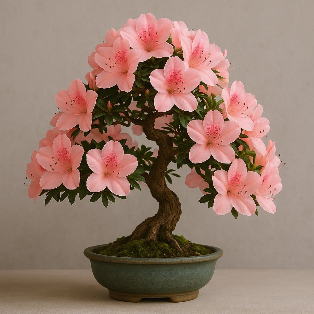azalea satsuki bonsái en flor rosa sobre maceta de cerámica