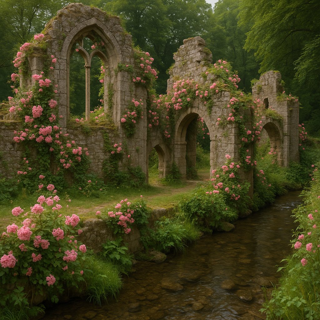 rovine medievali coperte di rose rampicanti accanto a un ruscello